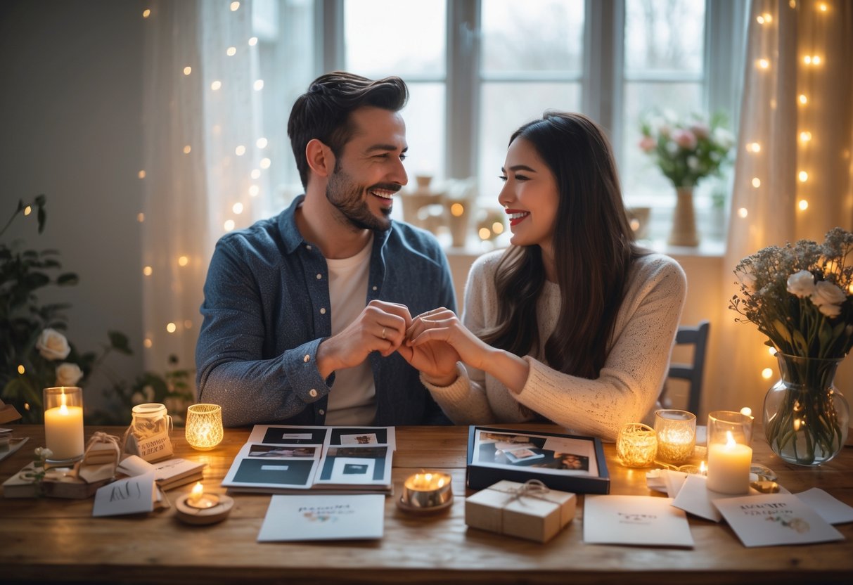 A couple smiling and holding hands across a table with handmade anniversary gifts and photo albums in a cozy, softly lit room.