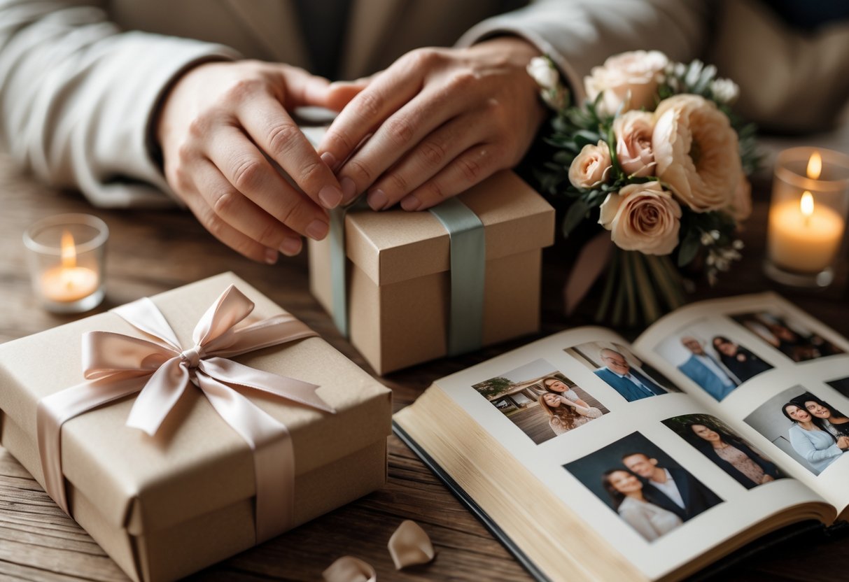 Close-up of a couple holding hands over a wooden table with a wrapped gift, flowers, and an open photo album.