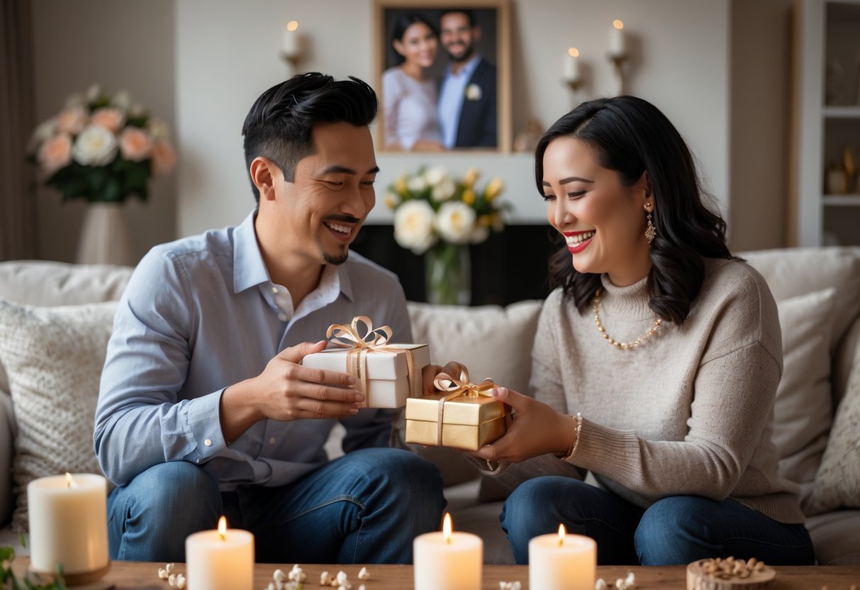 A couple exchanging meaningful anniversary gifts in a cozy living room, smiling warmly at each other.