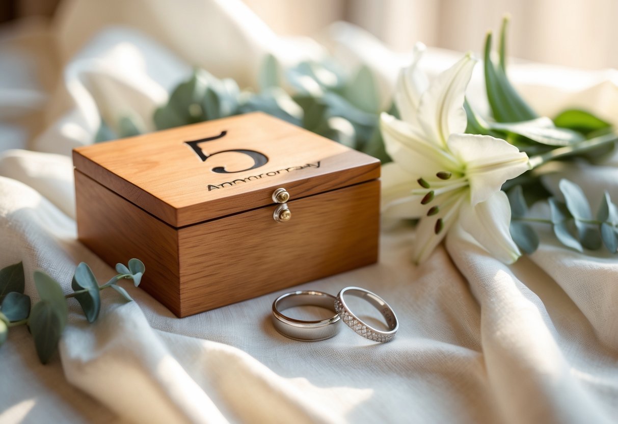 A wooden keepsake box with the number 5, wedding rings, and a small bouquet of white lilies and eucalyptus on cream fabric.