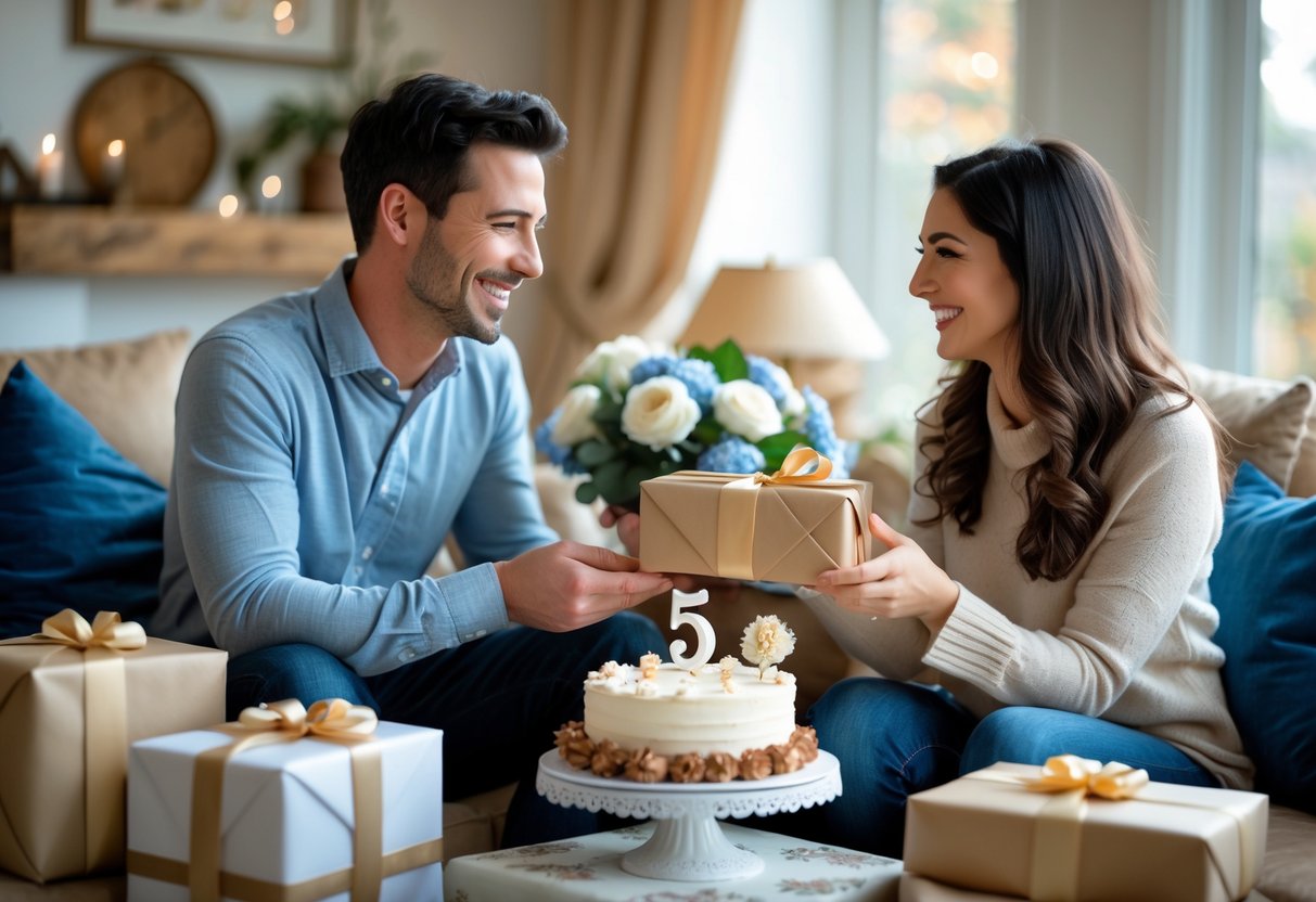 A smiling couple exchanging gifts in a warmly decorated living room celebrating their 5th wedding anniversary.