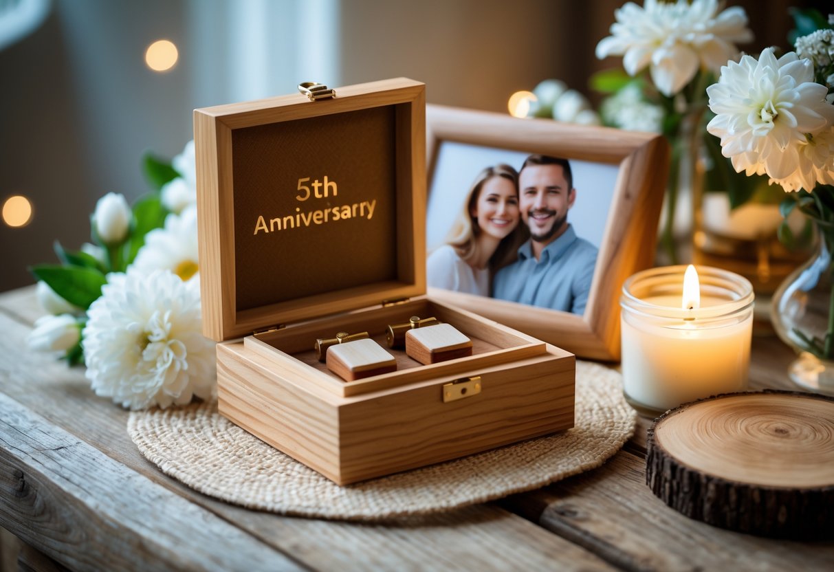 A wooden jewelry box with wooden cufflinks and a wooden photo frame on a rustic table surrounded by white flowers and a lit candle.