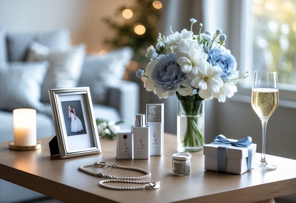 A table with elegant 5th anniversary gifts including a silver photo frame, white and blue flowers, silver cufflinks and bracelet, a wrapped gift box, a lit candle, and a glass of sparkling wine.