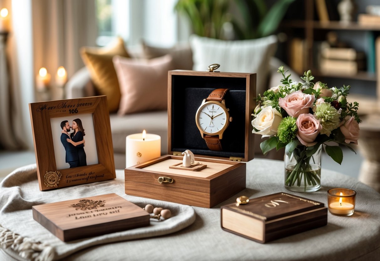 A cozy living room scene with unique anniversary gifts including a wooden photo frame, engraved wooden box, couple's watches, and fresh flowers arranged on a table.