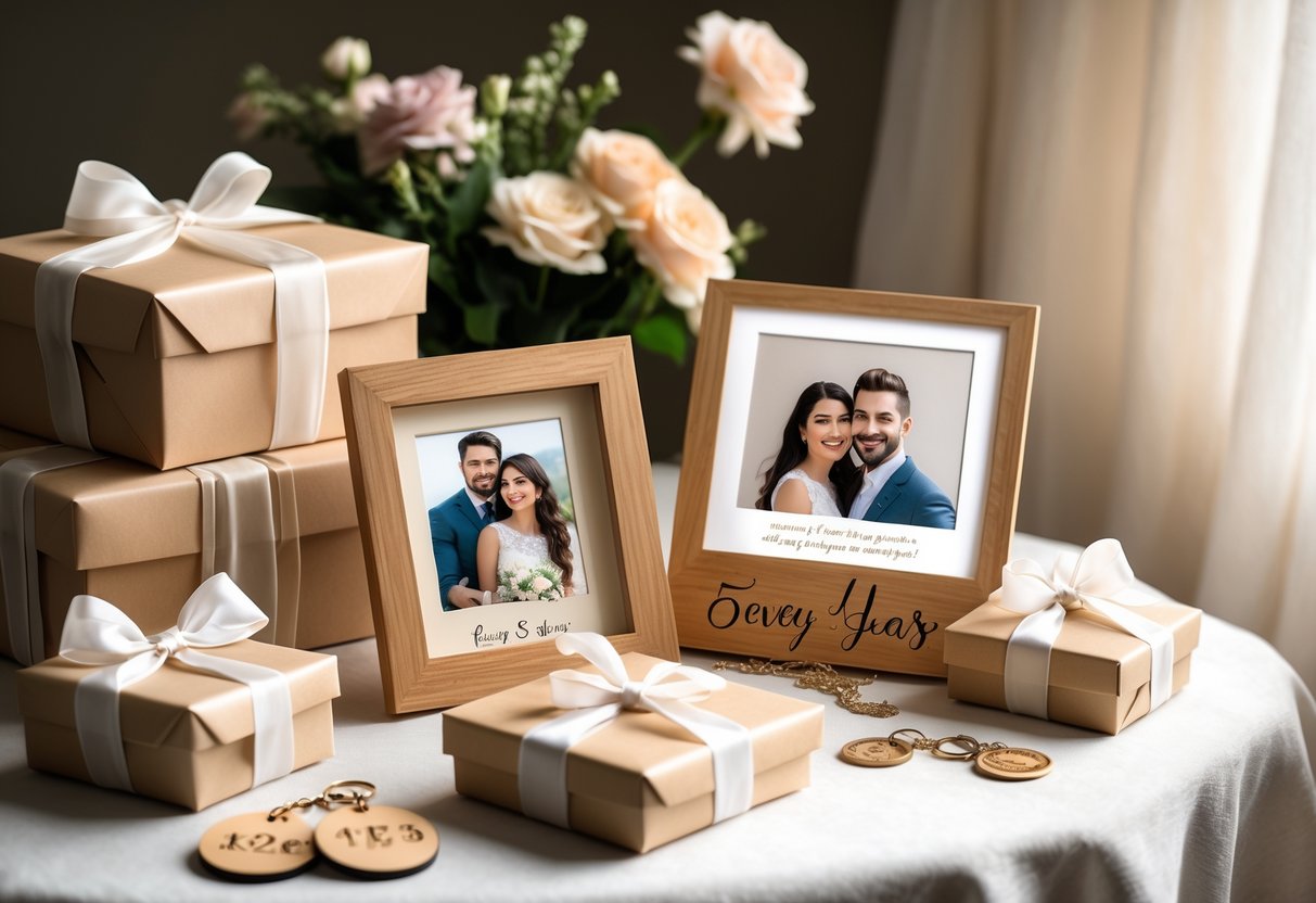 A table with wrapped anniversary gifts, a wooden photo frame with a couple's picture, engraved keepsakes, and a bouquet of flowers.
