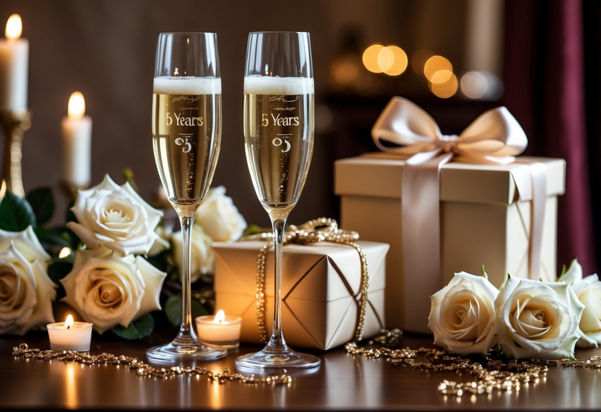 A table with a wrapped gift box, two champagne glasses, white roses, and candles arranged for an anniversary celebration.