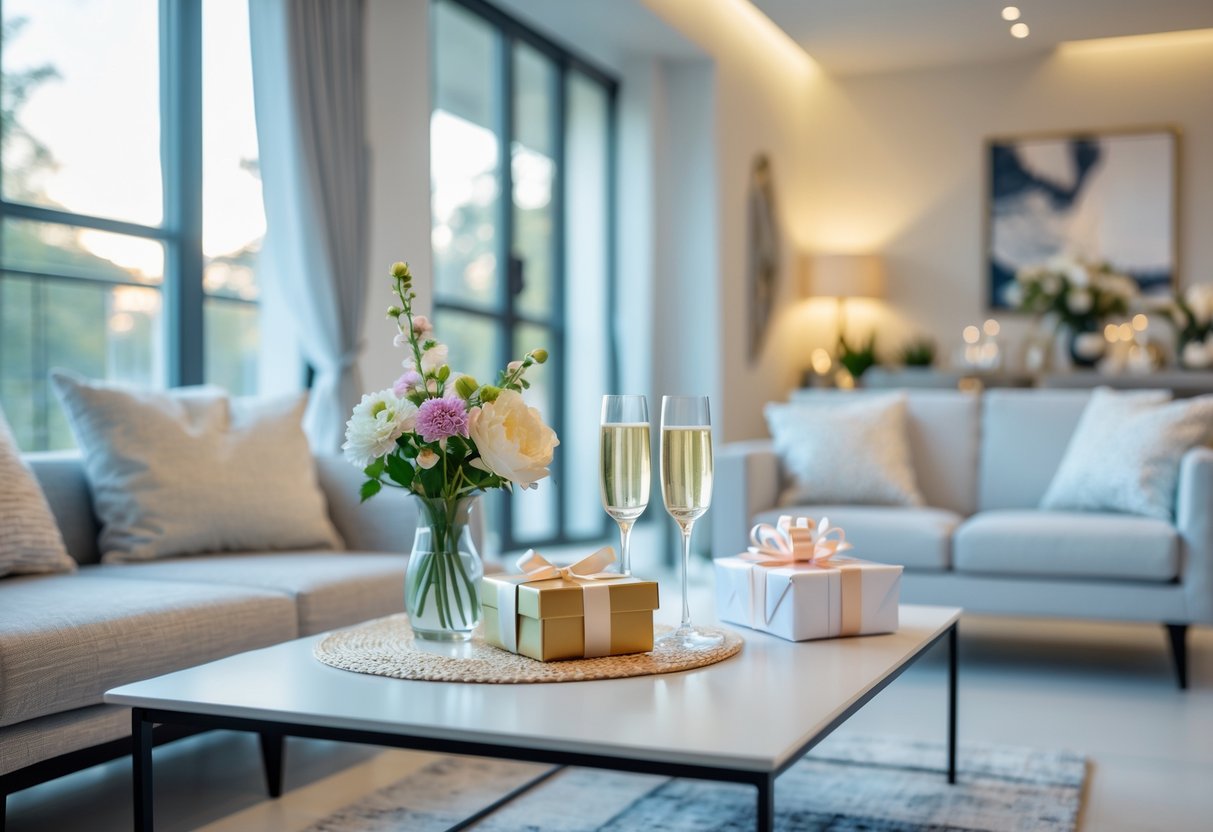 A modern living room with elegant furniture, a coffee table holding champagne glasses and a wrapped gift, decorated for a couple's 5-year anniversary celebration.