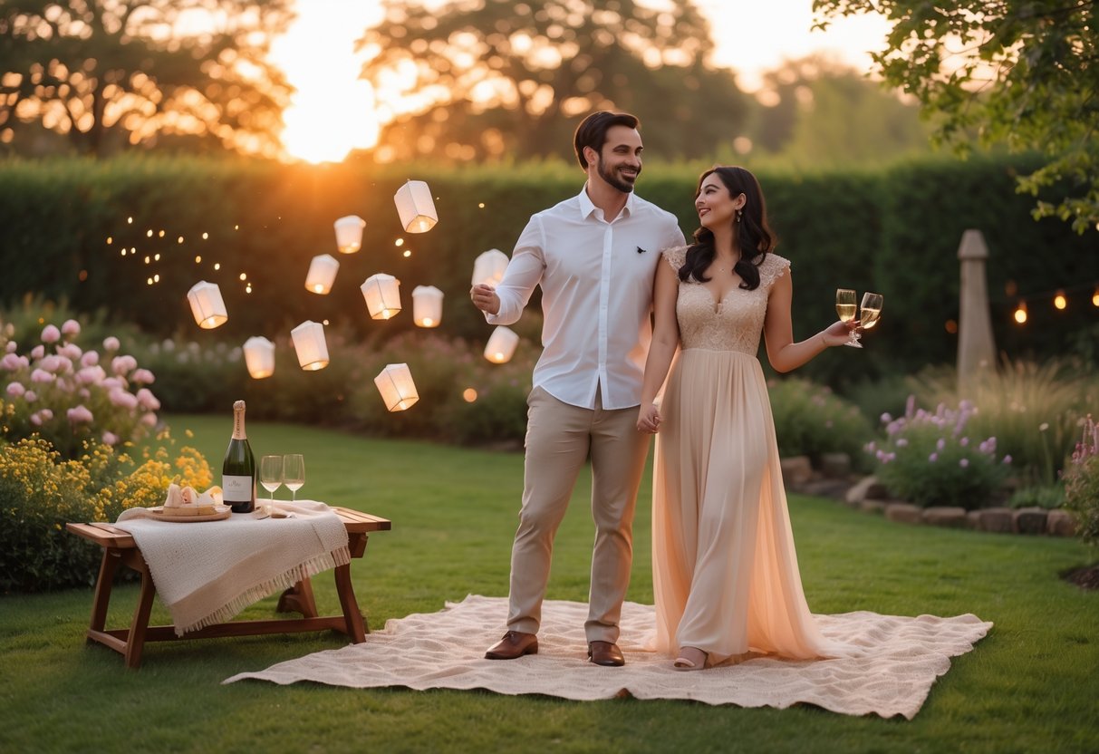 A couple celebrating their 5th anniversary outdoors at sunset, enjoying a romantic moment with a picnic and releasing sky lanterns in a garden.