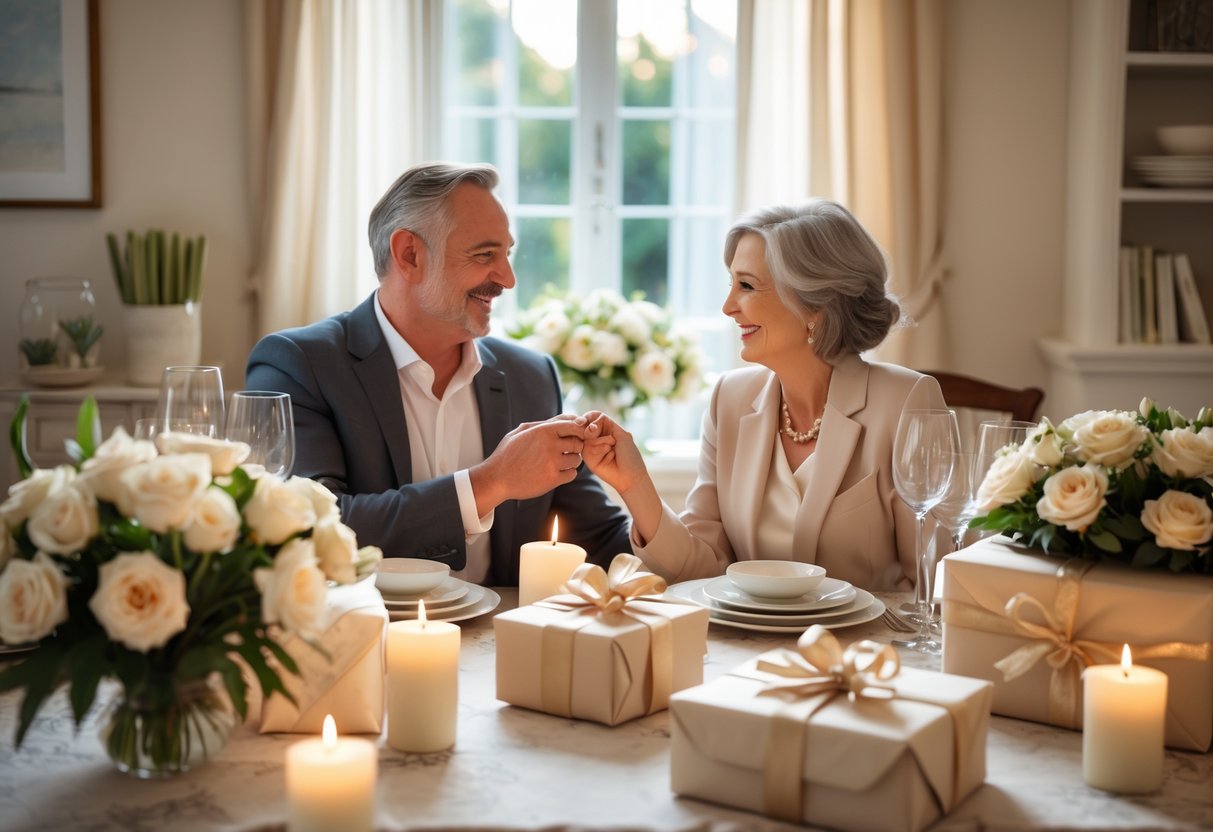 A smiling mature couple holding hands at a decorated dining table with gifts and flowers, celebrating their anniversary at home.