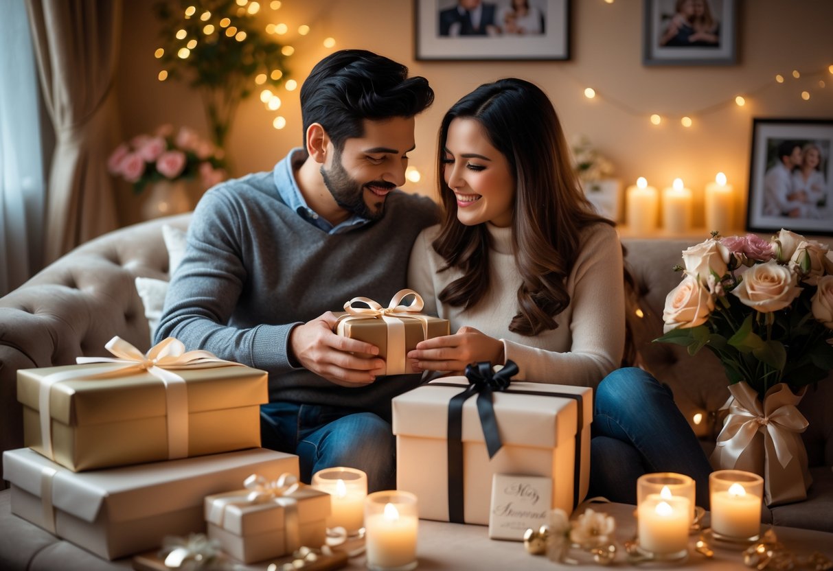 A couple sitting on a sofa exchanging sentimental anniversary gifts surrounded by flowers and warm lighting.
