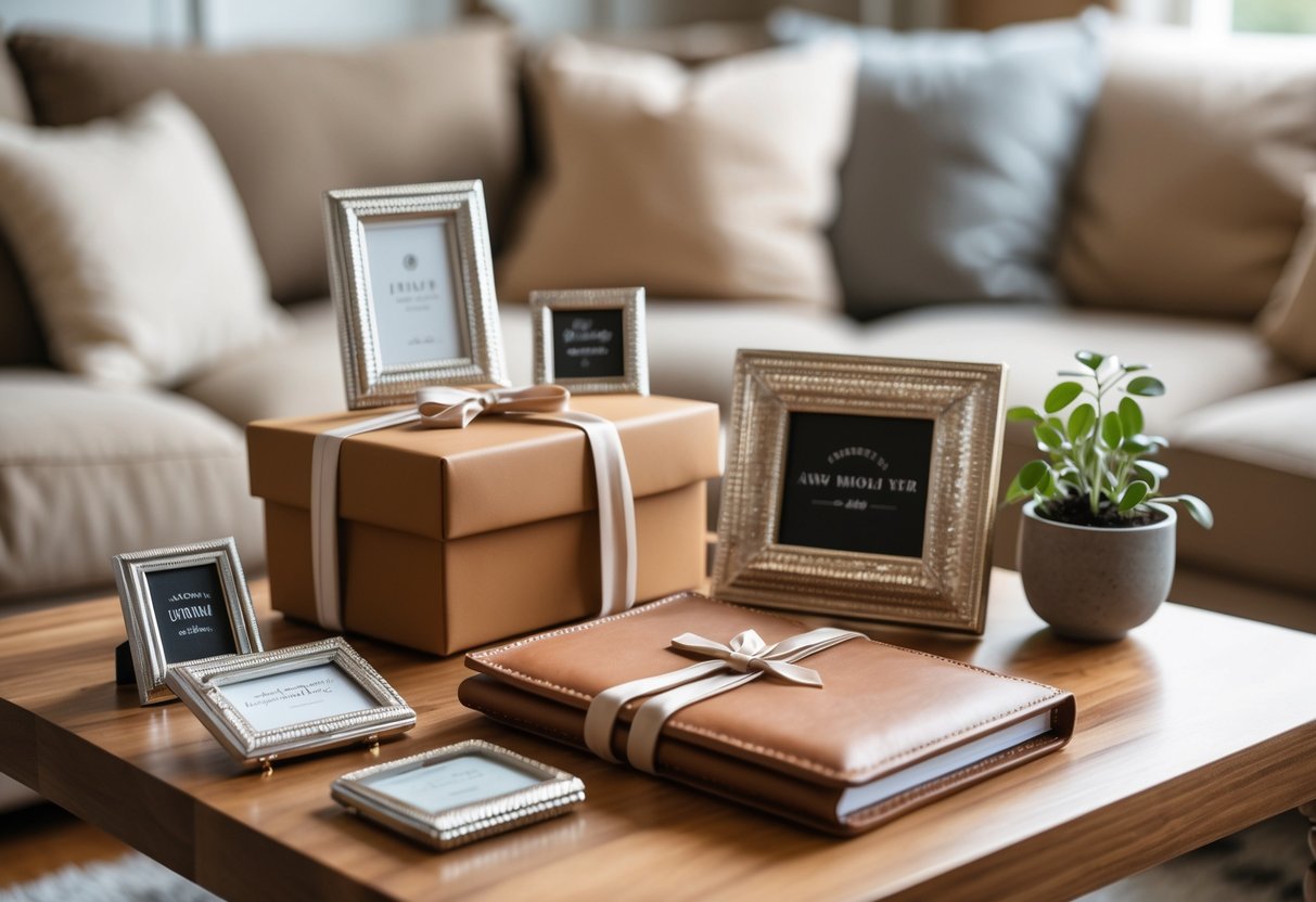 A wooden table with elegant anniversary gifts including engraved photo frames, a leather journal, and a small potted plant, set in a cozy living room.