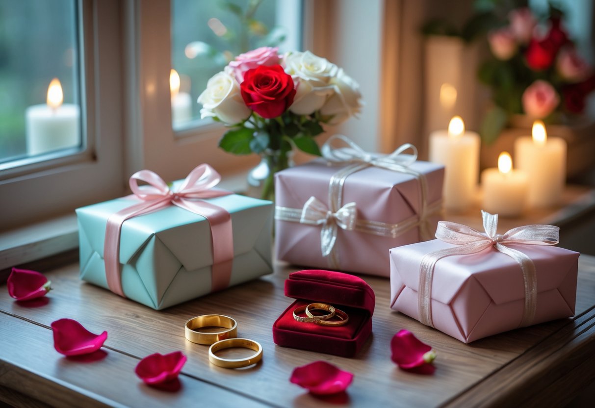 A romantic anniversary gift setup with wrapped presents, red and white roses, intertwined gold rings on a velvet cushion, and scattered rose petals on a wooden table.