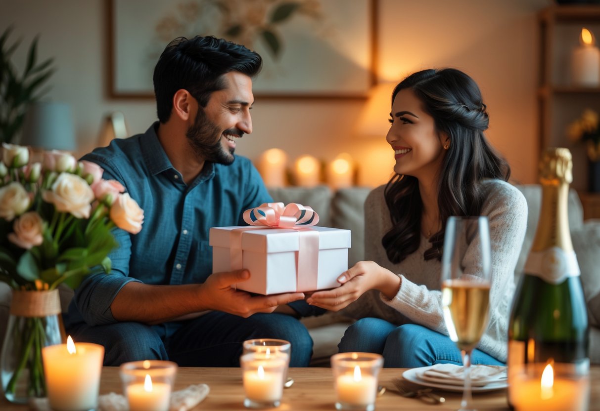 A couple celebrating their 5th anniversary with a gift in a warmly decorated room, surrounded by flowers and candles.