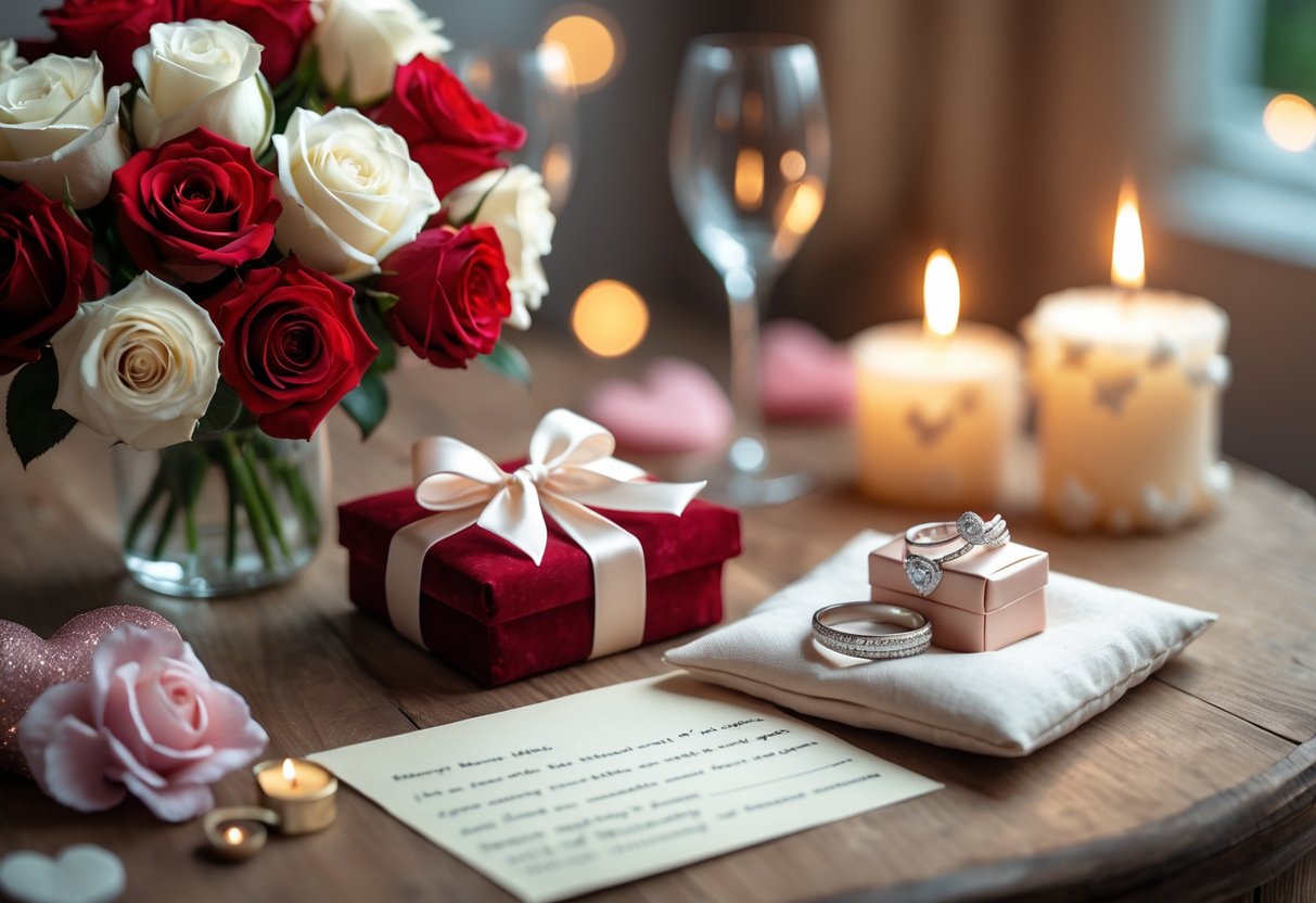 A romantic anniversary gift setup with roses, a wrapped gift box, silver rings on a cushion, a love letter, and lit candles on a wooden table.