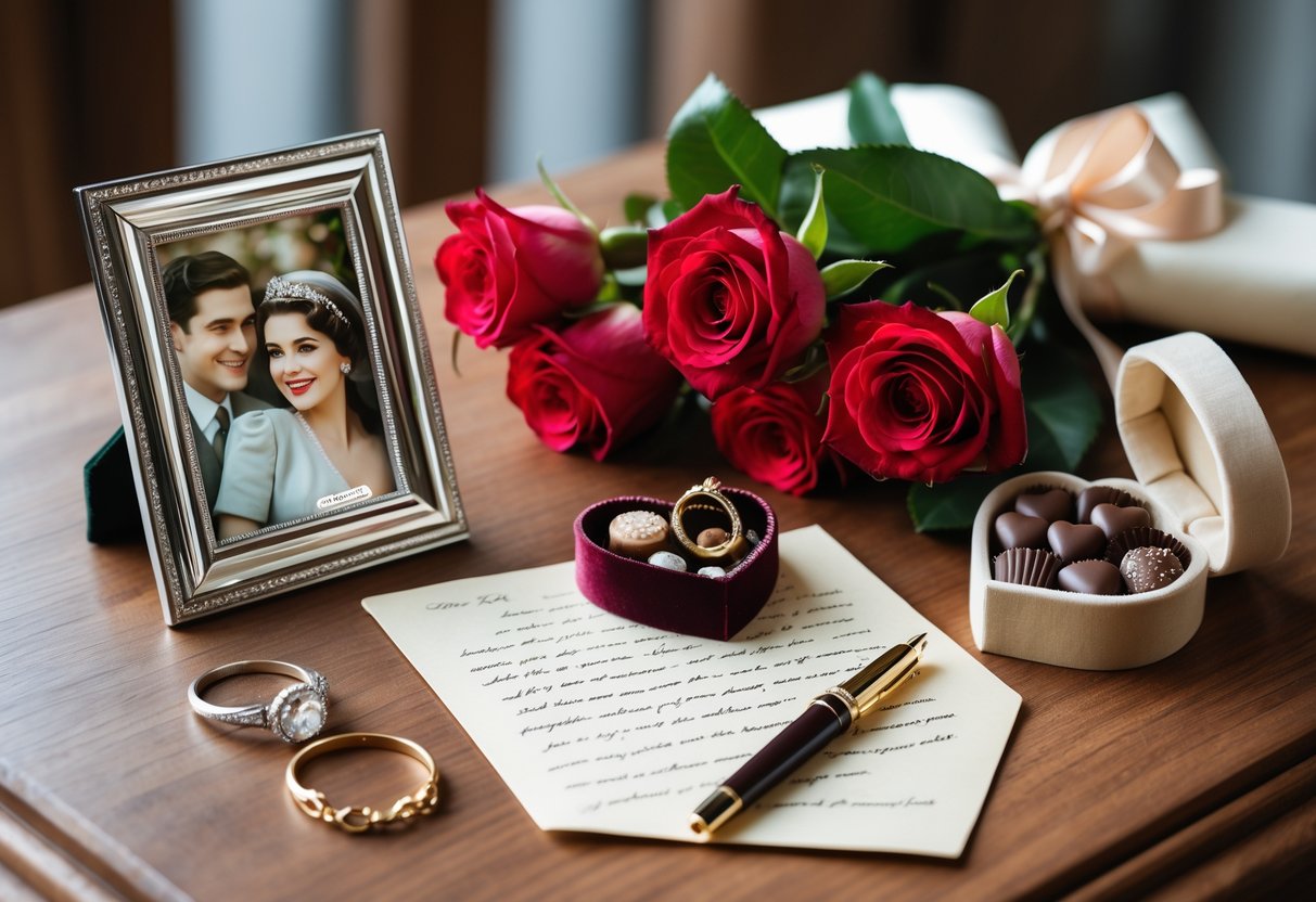 A wooden table displaying red roses, a heart-shaped chocolate box, gold rings, a vintage photo frame, and a handwritten love letter.