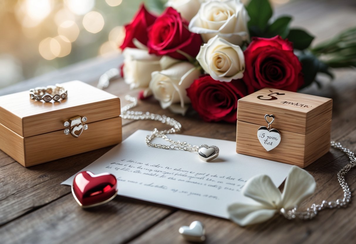 A collection of romantic 5th anniversary gifts including a silver heart necklace, engraved wooden box, red and white roses, and a handwritten love letter on a wooden table.