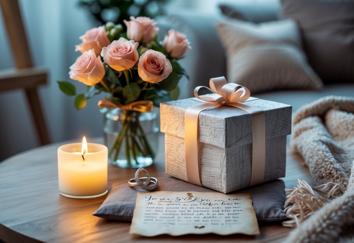 A romantic anniversary gift setup with a wrapped gift box, roses, a love letter, silver rings on a cushion, and a lit candle on a wooden table.
