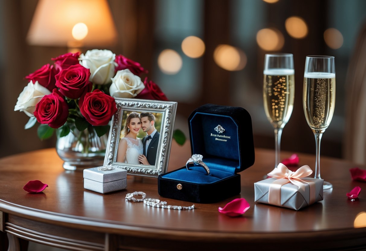 A table with red and white roses, a silver photo frame, an open jewelry box with a diamond ring, two champagne glasses, a wrapped gift box, and scattered rose petals.
