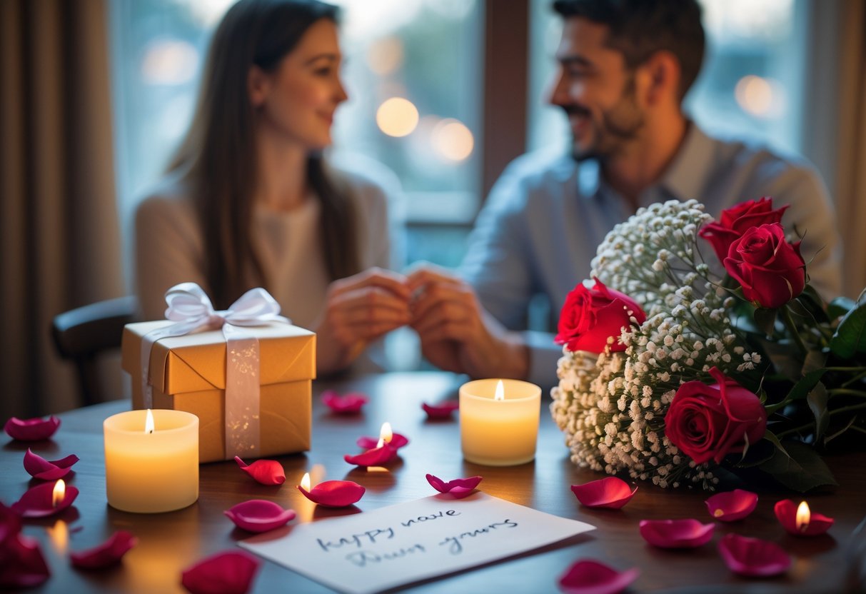 A couple holding hands and smiling at a table with a small wrapped gift, rose petals, candles, a love note, and a bouquet of flowers.