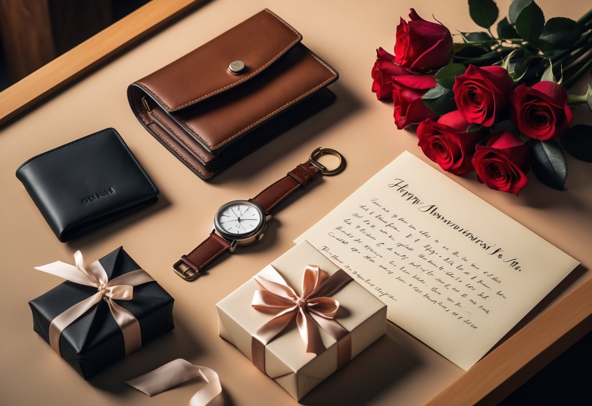 A wooden table displaying anniversary gifts for him including a leather wallet, wristwatch, engraved keychain, wrapped gift box, red roses, and a handwritten love letter.