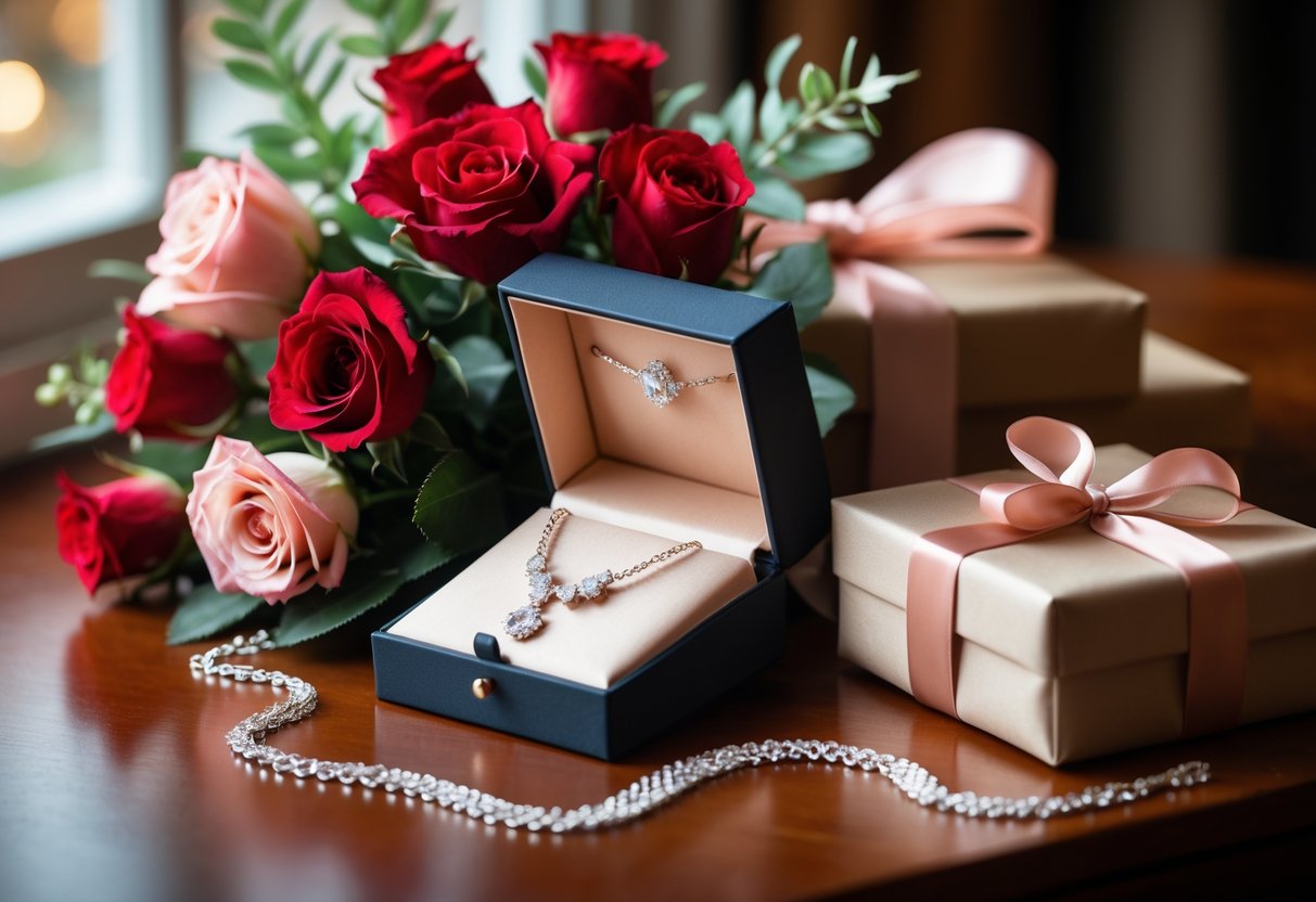 A table with a jewelry box containing a necklace and earrings, a bouquet of red and pink roses, and a wrapped gift box.