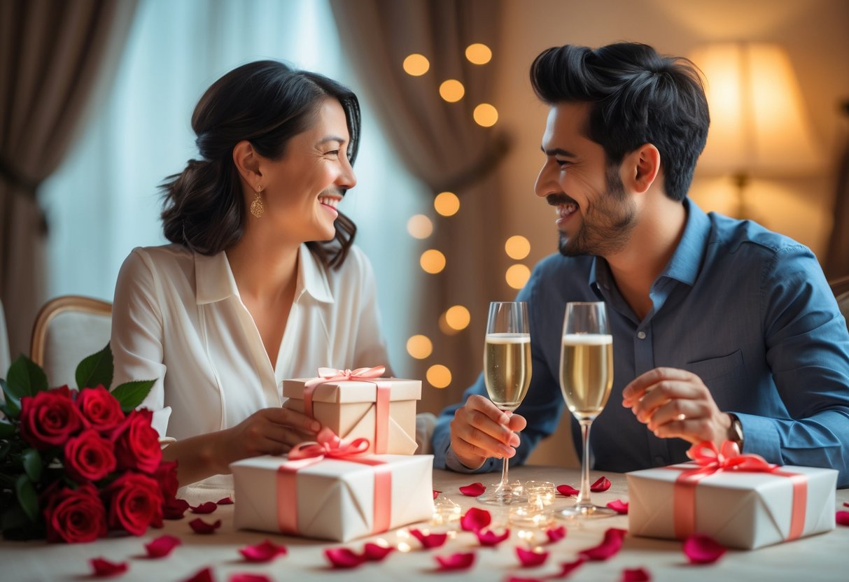 A couple exchanging anniversary gifts at a decorated table with rose petals and champagne, smiling warmly at each other.