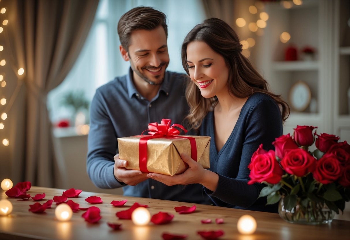 A couple exchanging a gift in a softly lit room decorated with rose petals and fairy lights, sharing a warm and happy moment.