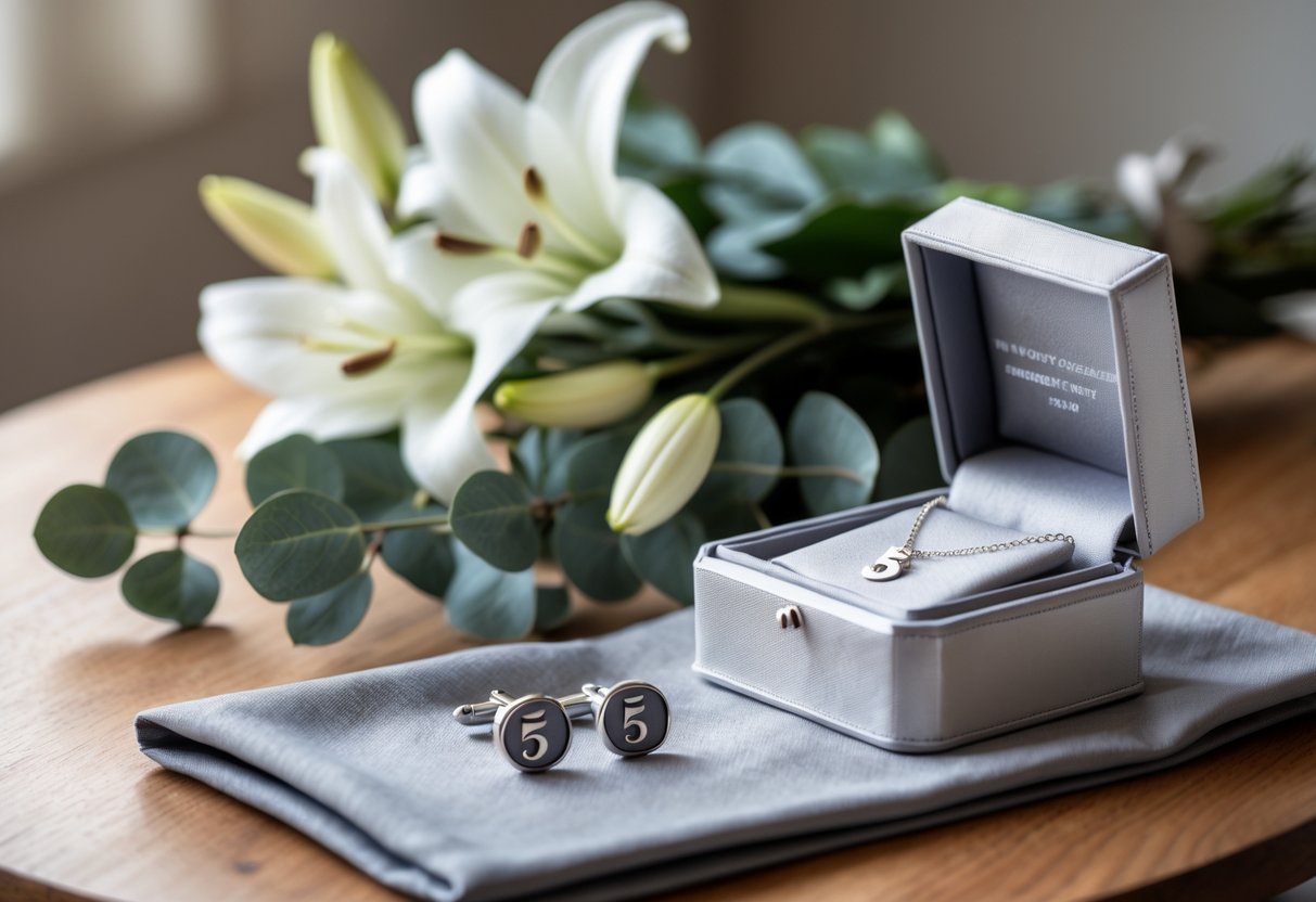 A collection of elegant silver anniversary gifts including a necklace, cufflinks, and a bouquet of white lilies on a wooden table.