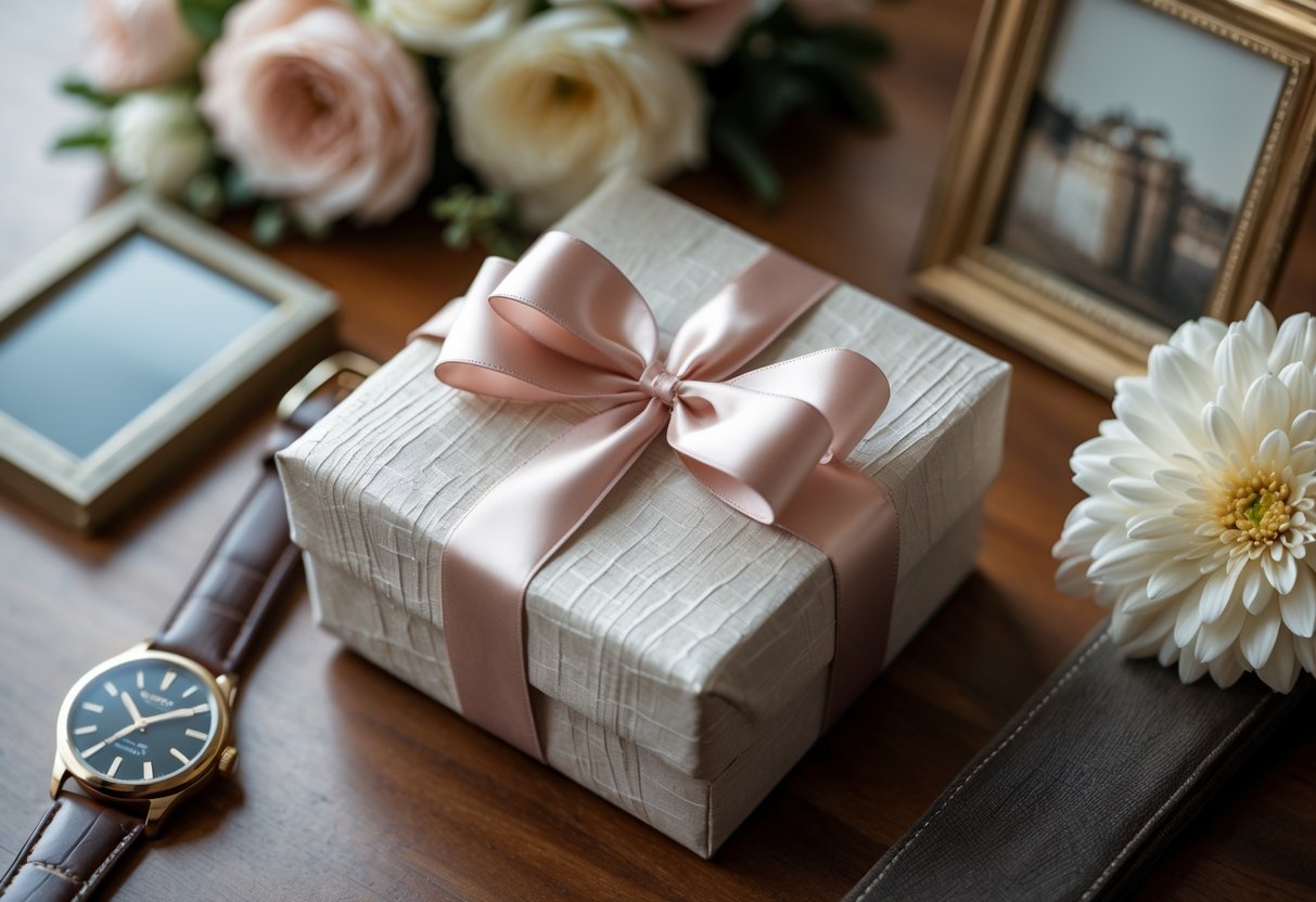 A close-up of an elegant wrapped gift box on a wooden surface surrounded by a wristwatch, fresh flowers, and a photo frame.