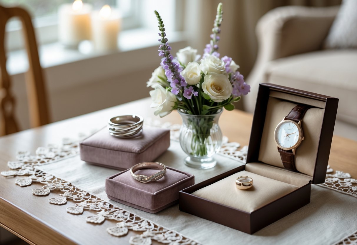 A wooden table with elegant anniversary gifts including silver rings, a photo album, flowers, and a watch, softly lit by natural light in a cozy room.