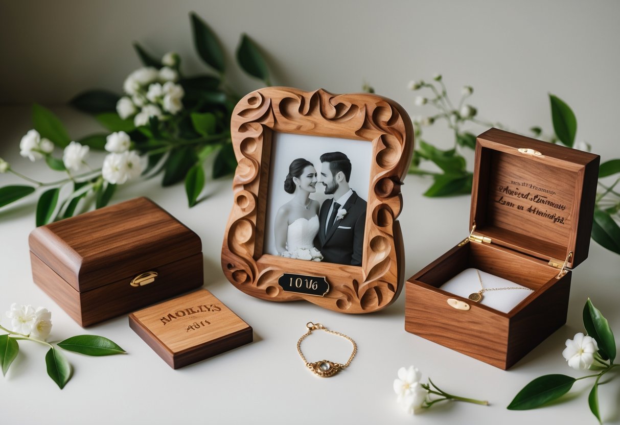 A collection of elegant wooden anniversary gifts including a carved photo frame, a jewelry box, and a small engraved plaque arranged with green leaves and white flowers.