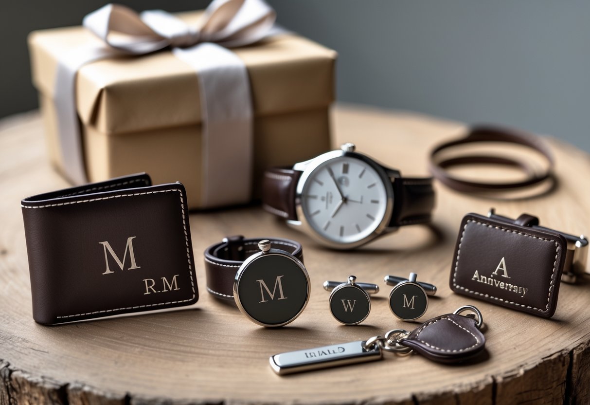 A collection of elegant personalized men's accessories including a leather wallet, silver wristwatch, monogrammed cufflinks, and a leather keychain arranged on a wooden surface with a blurred gift box in the background.