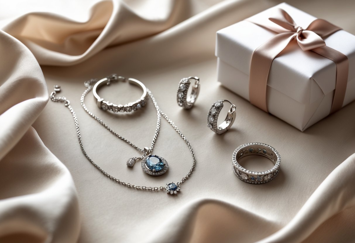 An elegant display of silver jewelry including a necklace, earrings, and bracelet on soft fabric next to a wrapped gift box with a ribbon.