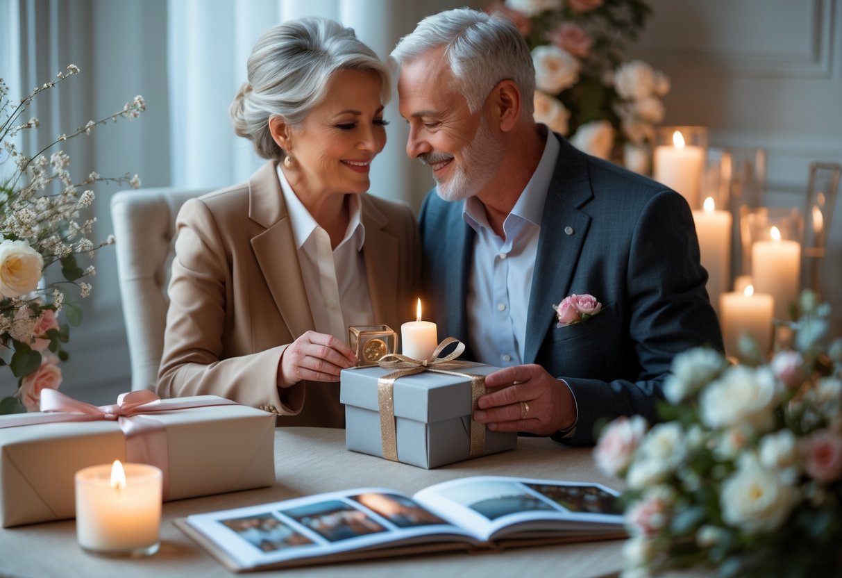 A couple exchanging anniversary gifts and sharing a warm moment in a softly lit, elegant room.