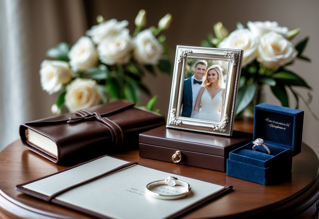 A table displaying elegant anniversary gifts including a leather journal, silver photo frame, and a velvet box with jewelry, surrounded by white flowers.