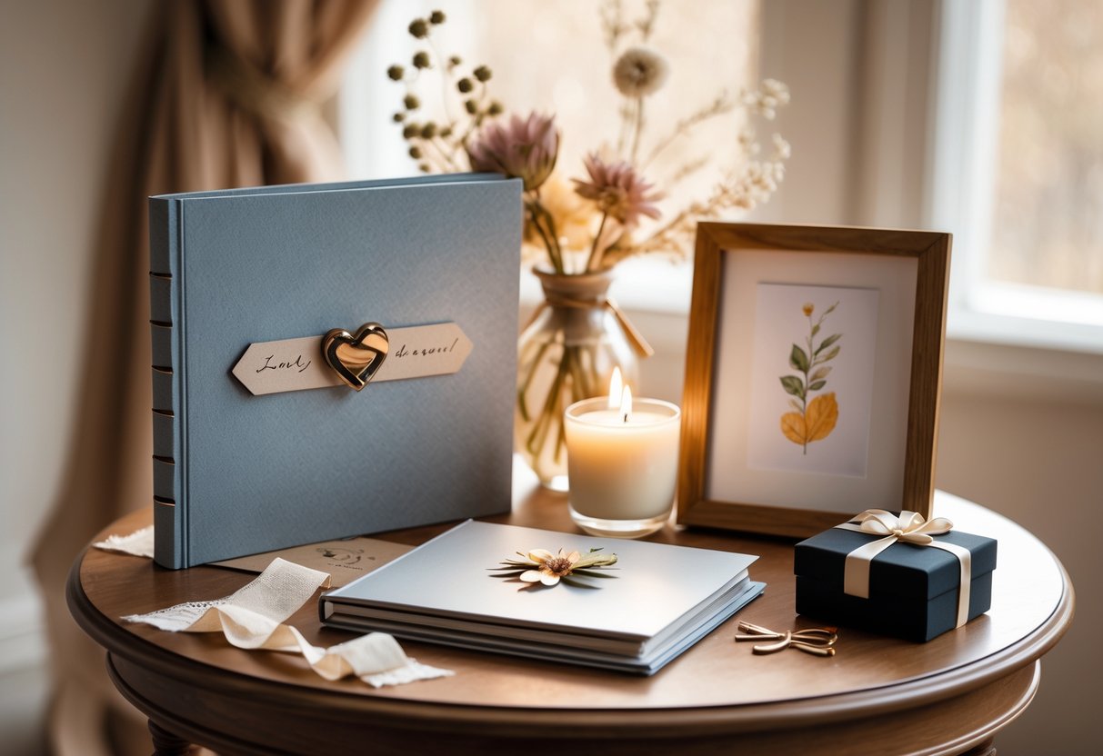 A table displaying handcrafted anniversary gifts including a photo album, candle, watercolor painting, and jewelry box with decorative flowers and ribbons.