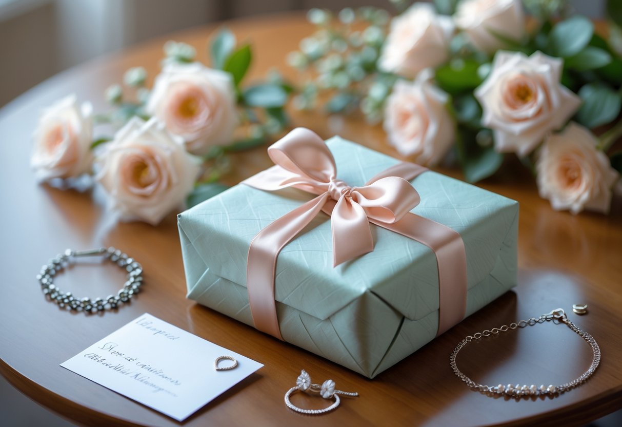 A wrapped gift box with a satin ribbon on a wooden table surrounded by flowers, a note card, and a piece of jewelry.