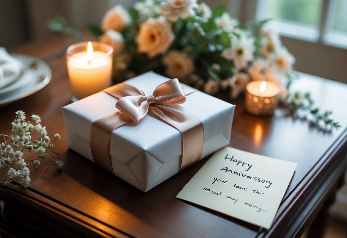 A wrapped anniversary gift box on a wooden table with flowers, a lit candle, and a handwritten note nearby.
