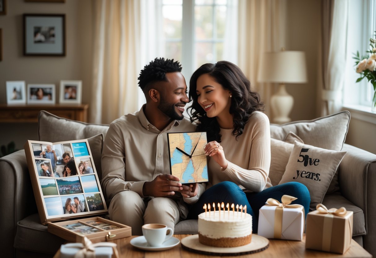 A couple sitting on a sofa surrounded by personalized anniversary gifts, smiling and holding hands in a cozy living room.
