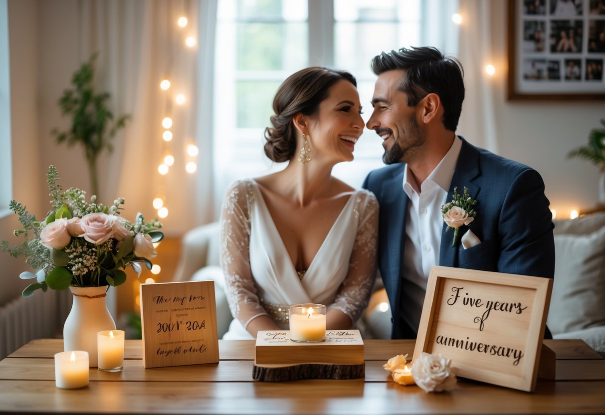 A couple celebrating their 5th wedding anniversary with unique gifts and joyful expressions at a warmly lit table.