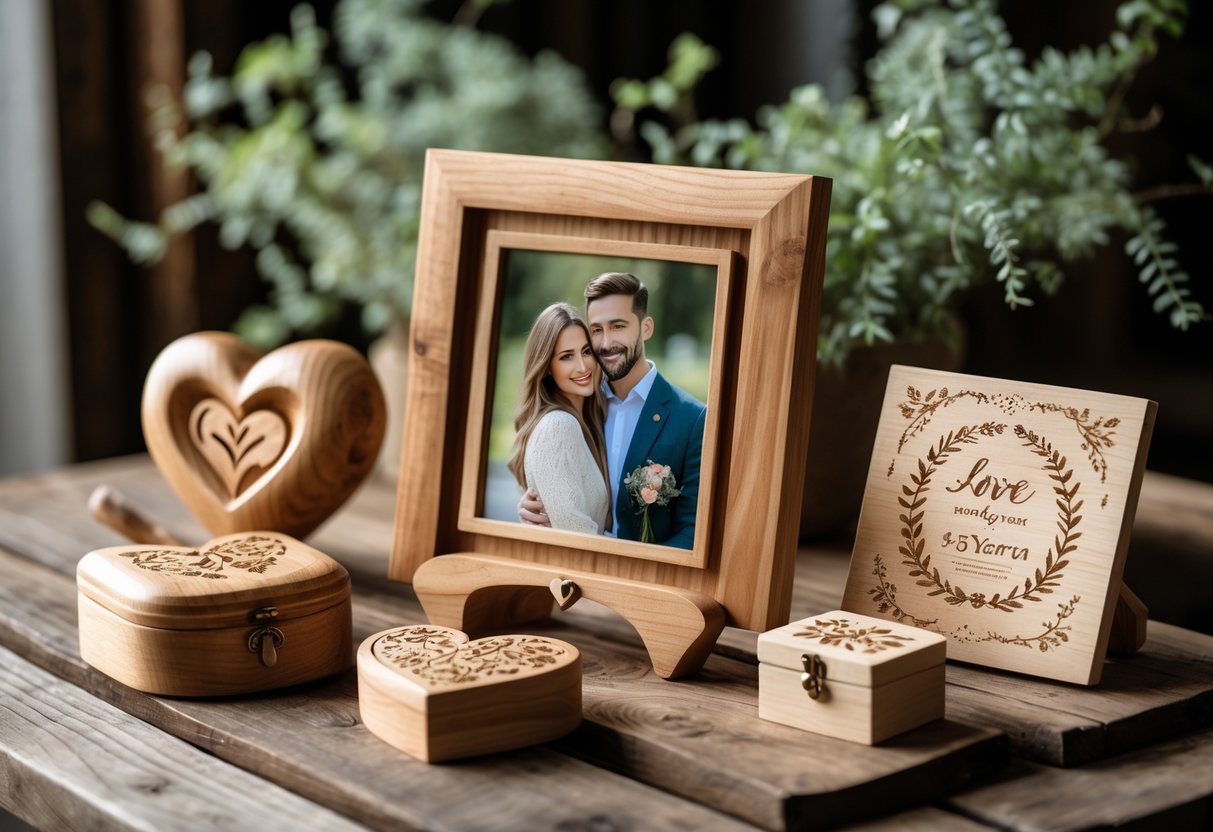 A wooden table displaying a wooden photo frame with a couple's picture, a carved wooden heart, a small wooden box, and a wooden plaque, surrounded by soft greenery.