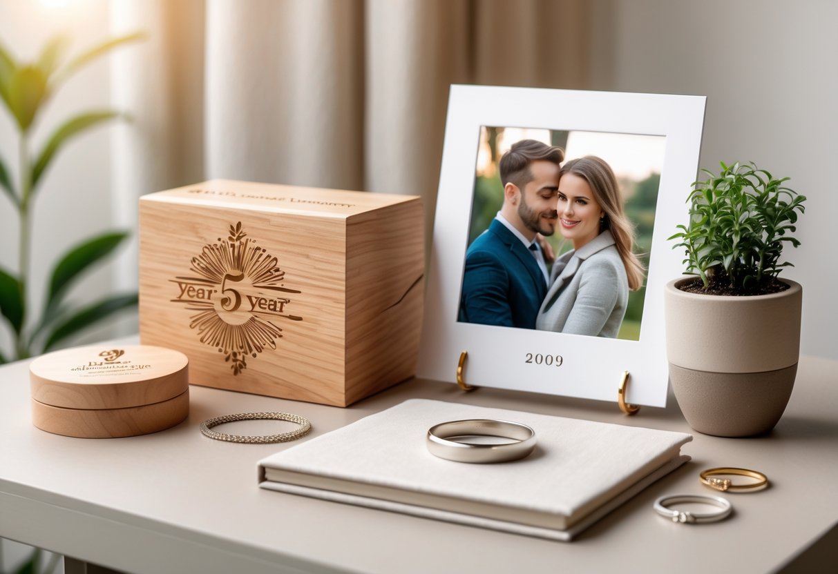 A collection of unique 5-year anniversary gifts including a wooden keepsake box, photo album, silver jewelry, and a potted plant arranged on a table with soft natural lighting.