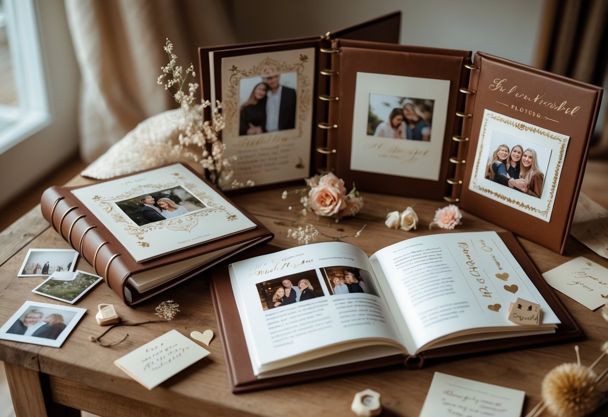 A table displaying elegant anniversary photo albums and love story timelines with photos and keepsakes, creating a warm and intimate scene celebrating five years together.