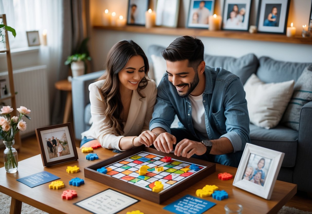 A couple playing a personalized board game at home, surrounded by photo albums and keepsakes celebrating their five years together.