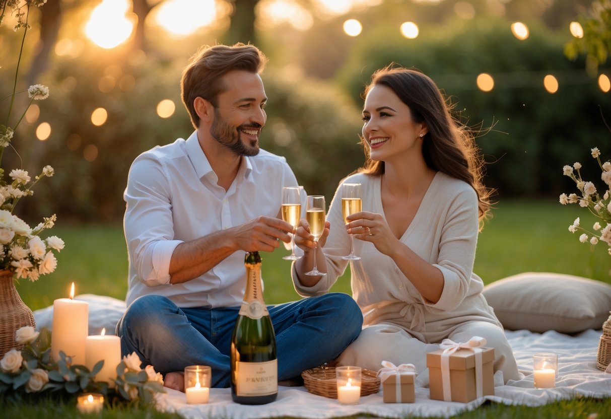 A happy couple holding hands and smiling outdoors in a garden setting with romantic decorations and a picnic setup celebrating their anniversary.