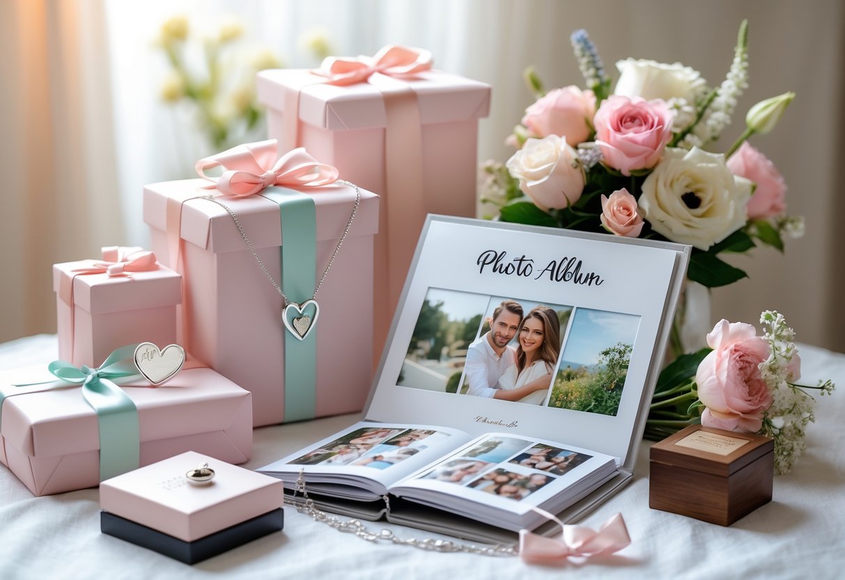 A collection of anniversary gifts including wrapped presents, a heart-shaped necklace, a photo album with couple's pictures, fresh flowers, and a wooden keepsake box on a softly lit surface.