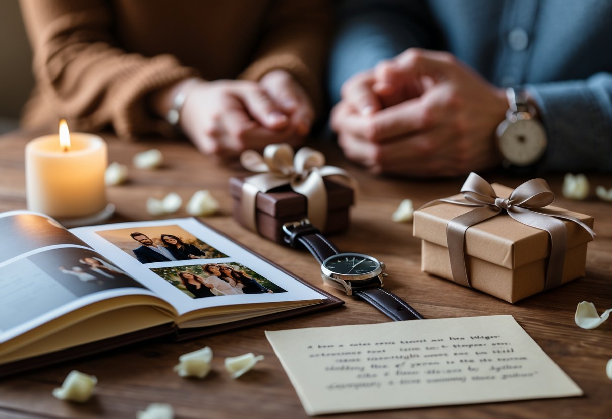 A table with anniversary gifts including a photo album, wristwatch, engraved keychain, and love letter, with a couple holding hands in the background.