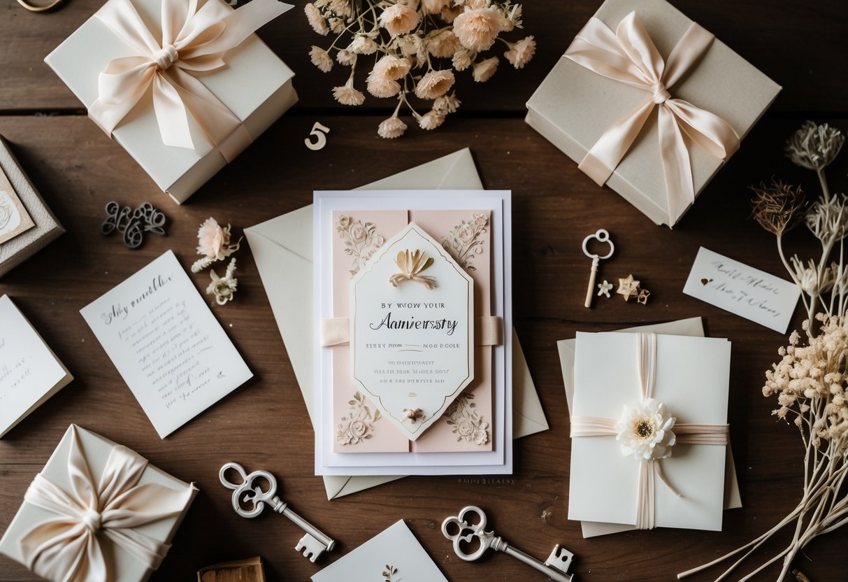A flat lay of anniversary cards, gift boxes, dried flowers, photographs, and a small silver number five charm arranged on a wooden table.