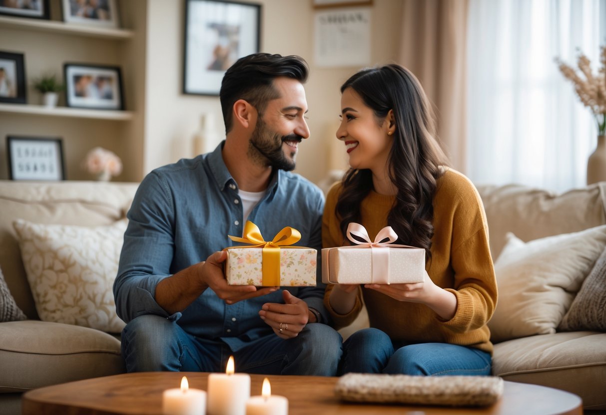 A couple exchanging unique anniversary gifts in a cozy living room, surrounded by framed photos and soft decorations, sharing a tender moment.