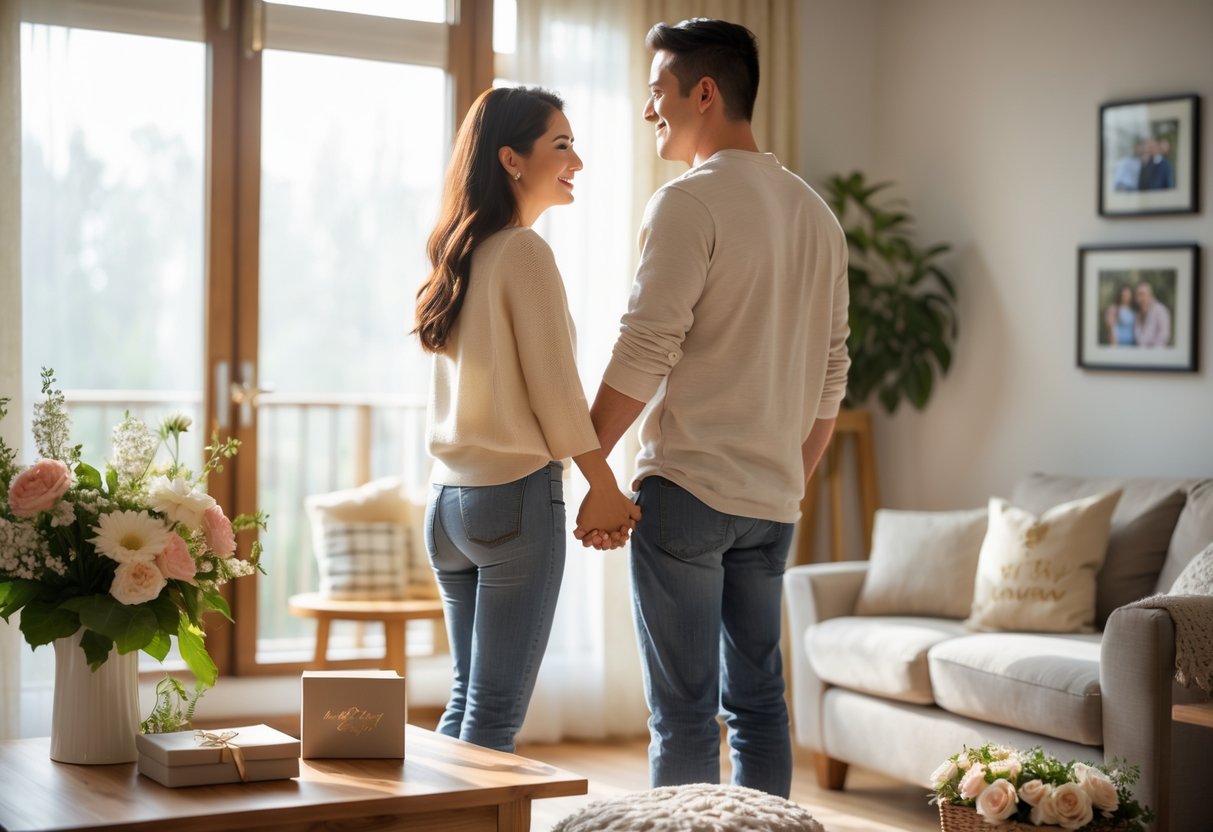 A couple holding hands and looking into the distance together in a cozy living room with anniversary gifts on a table nearby.